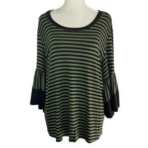 Like New Cha Cha Vente Green & Black Stripe Bell Sleeve Top Size Large